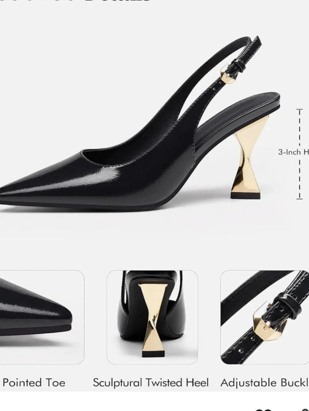 Patent Leather Slingback Pump with Sculpted Gold Heel - Black
